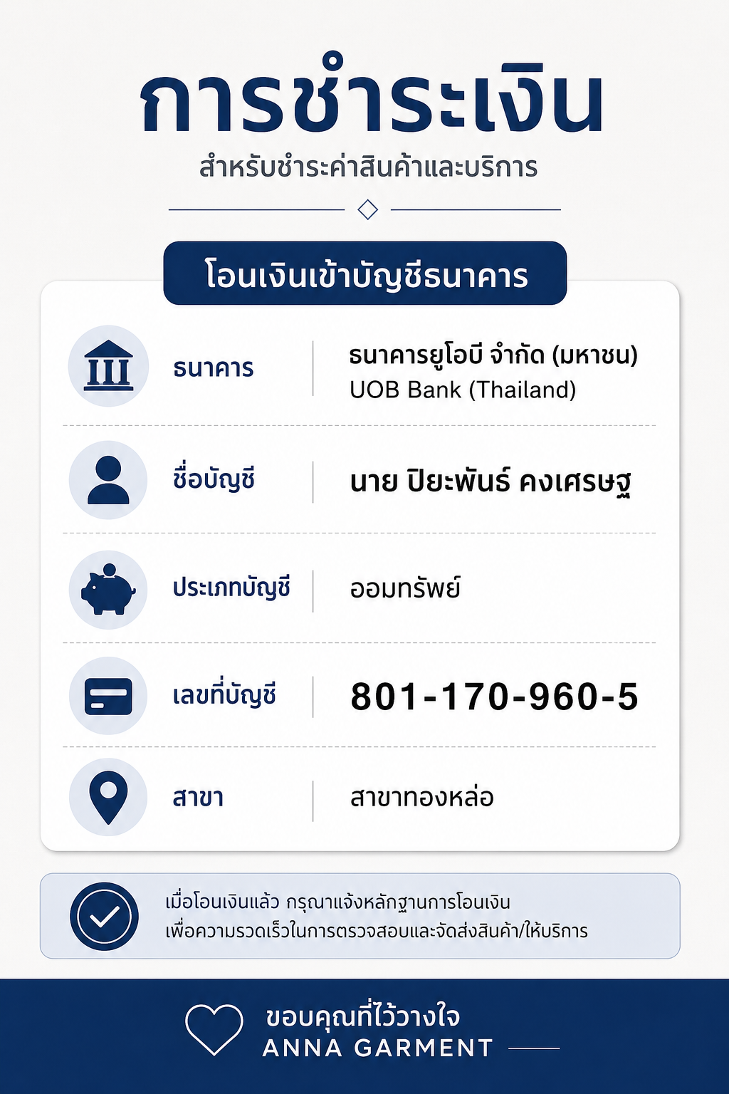 ข้อมูลการชำระเงิน Anna Garment